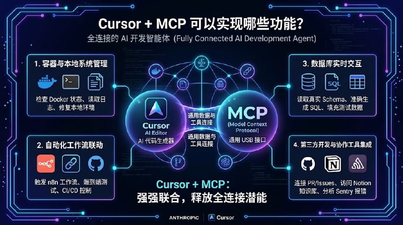⏺ Cursor+MCP 可以实现哪些功能？Cursor 结合 MCP (Model Context Protocol)，标志着 AI 编程助手从“单纯的代码生成器”进化为“全连接的开发智能体”