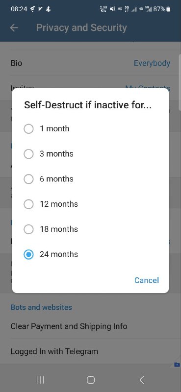 📣 Telegram 不活跃自动删除账号的时间增加了18个月和24个月的选项