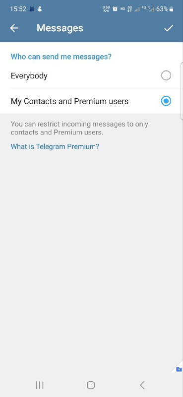 😶 Telegram 更新防骚扰功能在设置→隐私和安全→Messages里可以选择可以发送信息给你的人