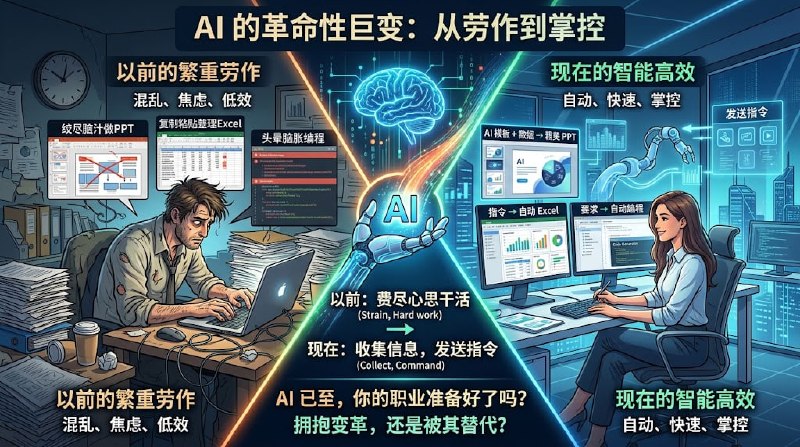 现在这些AI模型真是太牛逼了以前绞尽脑汁做PPT，现在丢个模板再丢些数据就搞定以前复制粘贴整理Excel，现在一个指令就行以前想的头晕脑胀编程，现在说明要求什么程序都能写以前是费尽心思干活，现在是收集信息，发送指令就可以了