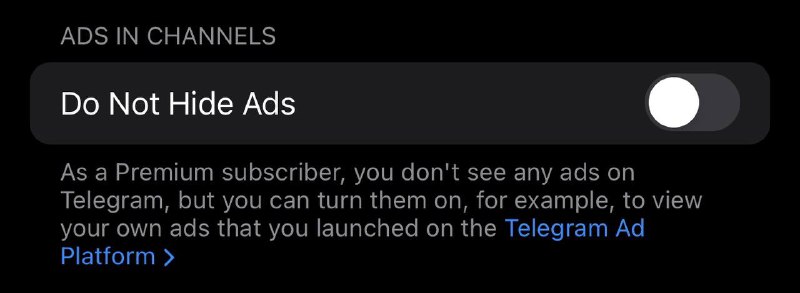 🗣 telegram premium 用户可以选择不隐藏广告telegram premium 用户默认隐藏广告广告，这也是一开始会员的卖点之一