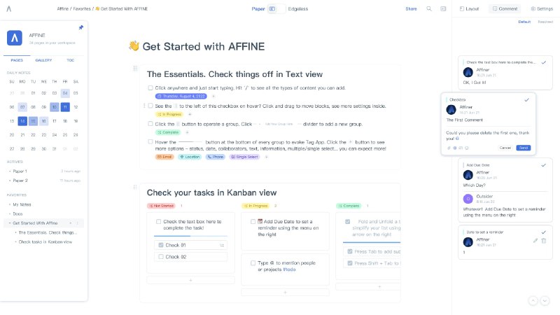 【软件名称】AFFiNE【支持平台】#Web #Windows #macOS #Linux【软件功能】类notion软件【软件简介】一款开源免费，旨在代替Notion和Miro的笔记、知识库、日历等于一体的软件