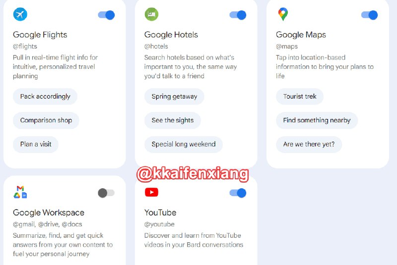 🗣 Bard开始支持插件功能Google家的AI产品Bard开始支持插件功能，目前只有5个插件，都是对谷歌系产品的支持