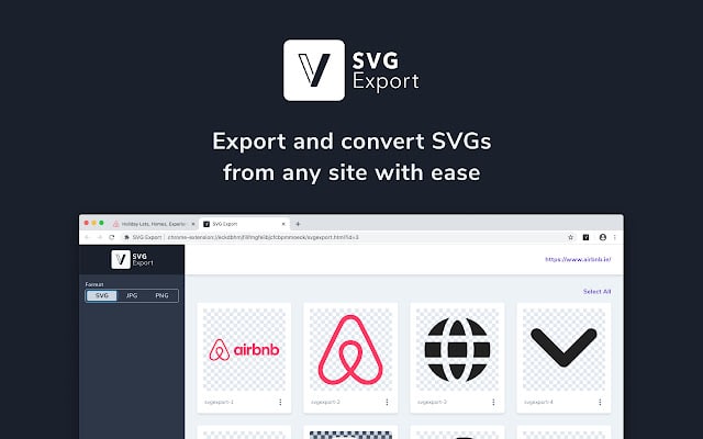 【插件名称】SVG Export【插件功能】SVG输出格式转换【插件简介】SVG Export 是一个很棒的工具，它可以收集网站上显示的SVG，并支持将它们快速导出为 PNG、JPEG 或 SVG