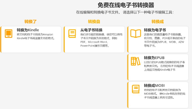 【网站名称】Ebook2Edit【网站功能】电子书格式转换【网站简介】一款免费的在线电子书转换器，除了常见的电子书格式间互转，也可以把电子书转换为图片、文档、PPT、网页等