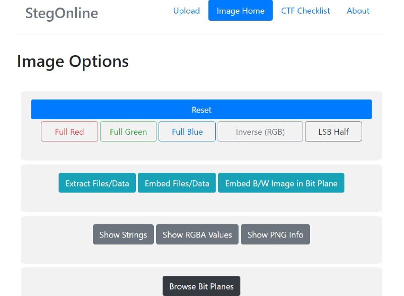 【网站名称】StegOnline【网站功能】检测图片盲水印【网站简介】将需要检测的图片上传，通过对图像的全红、全绿、全蓝、翻转RGB等方法来检测图片是否含有盲水印
