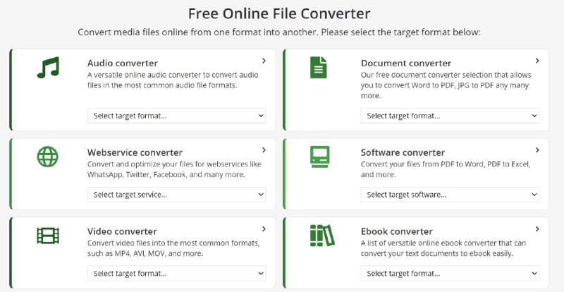 【网站名称】Online-Converter【网站功能】格式转换【网站简介】一款在线格式转换网站，支持包括文档、电子书、音乐、视频、压缩包等在内的 80 多种格式