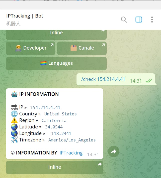 【机器人名称】IPTracking【机器人功能】获取IP信息【机器人简介】把IP发给机器人，机器人会回复该IP的所属城市、经纬度和时区