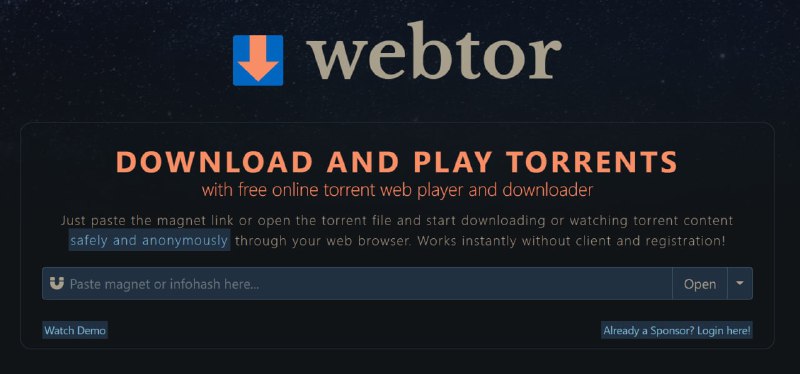 【网站名称】webtor【网站功能】磁力种子在线播放【网站简介】一款磁力种子下载站，特别的是不只可以下载，还可以在线观看