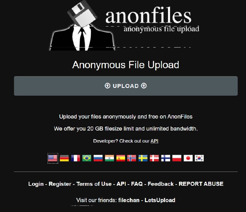 【网站名称】Anonymous【网站功能】匿名网盘【网站简介】匿名网盘，不限制上传下载速度，文件最大上传量20G