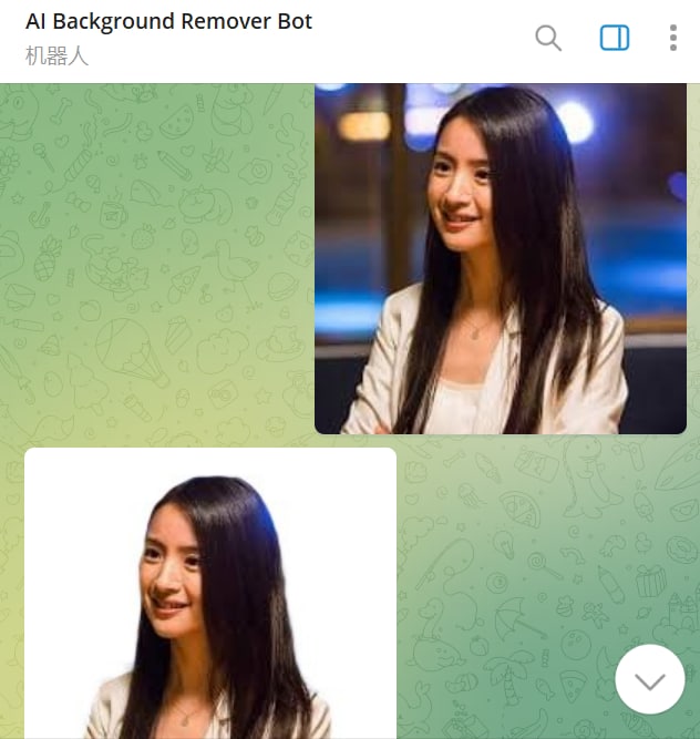 【机器人名称】AI Background Remover Bot【机器人功能】自动抠图机器人，发送图片，自动去掉背景，返回 PNG 格式的图片