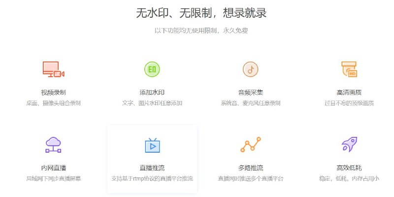 【软件名称】EV录屏【软件支持】Windows、MacOS、安卓【软件功能】免费录屏【软件简介】软件很小，免费使用无水印、无限制，有绿色版和安装版，录制的视频清晰，体积小