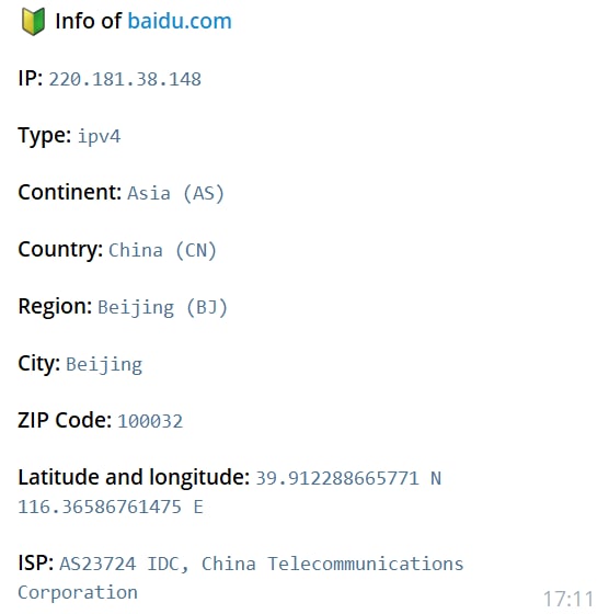 【机器人名称】IP Lookup【机器人简介】通过URL或IP获取IP信息