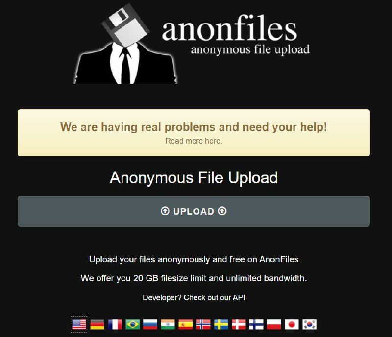 【网站名称】anonfiles【网站功能】匿名网盘【网站简介】Anonfiles是一个免费的网络云端空间，无需注册、无广告、无限空间、不限速，适合作临时文件分享