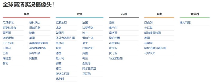 【网站名称】全球高清实况摄像头【网站简介】一个全球实时在线的高清网络摄像头，主要是一些公共场所对外开放的摄像头
