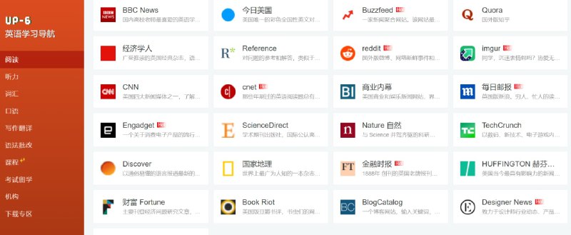 【网站名称】英语学习导航【网站简介】如图收纳了非常多的平台，听说读写每一项都收纳了很多方法，学英语不再茫然