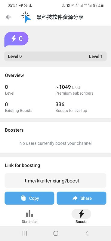 Telegram新出了boosts功能，在频道查看数据时，右下角可以查看boosts看着有点像助力升级，大家来给频道助个力吧😁