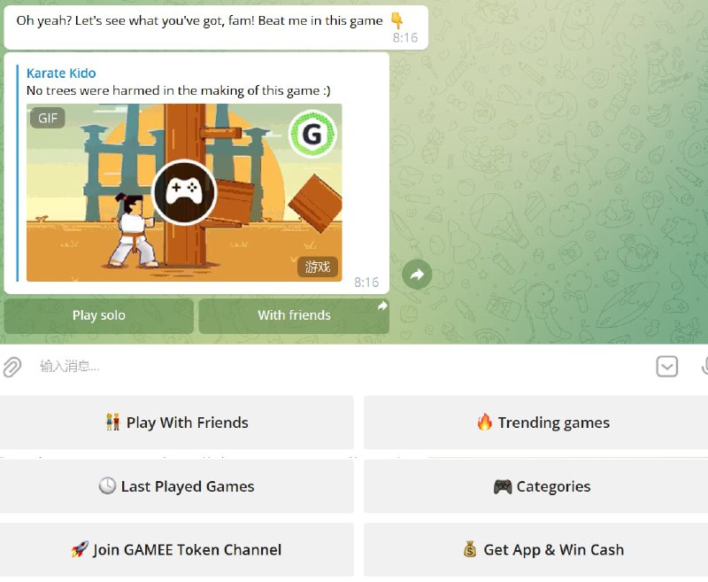【机器人名称】Gamee【机器人功能】游戏【机器人简介】telegram里可以玩游戏的机器人