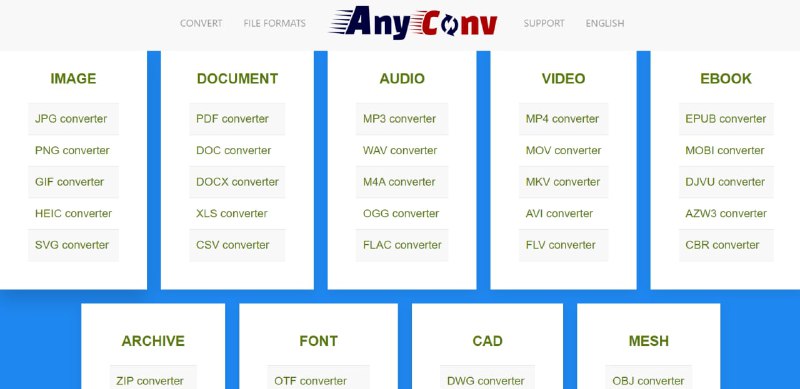 【网站名称】AnyConv【网站功能】格式转换【网站简介】AnyConv是一个在线转换文档，图像，音频、视频、电子书和字体等等的在线工具，AnyConv 目前支持 400 多种文件格式