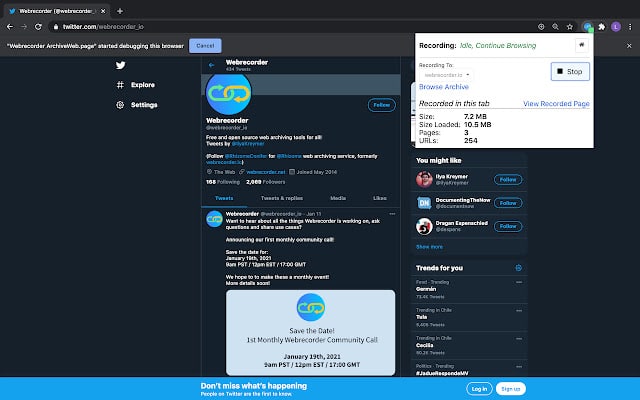 【插件名称】Webrecorder ArchiveWeb.page【插件功能】网页存档【插件简介】一款可以将浏览过的网页完整的录下来的 Chrome 扩展，可保存下高保真度的网页存档，包括外部资源，使用起来就像联网使用一样
