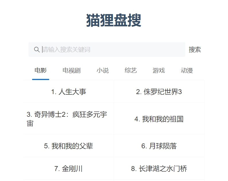 【网站名称】猫狸盘搜【网站功能】阿里云盘资源搜索【网站简介】一款阿里云盘资源搜索网站，无需登录可使用