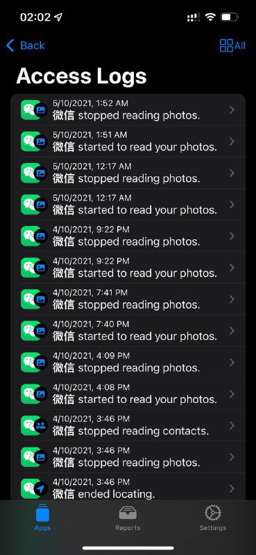 ⚠️ 微信在后台反复读取用户相册@OnlineAppleUserGroup 电报群的一个朋友开启了 iOS 15 的隐私新特性 「记录App 活动」对所有 App 的隐私读取行为进行 7 天的监控，并使用 App Privacy Insights 对记录进行读取