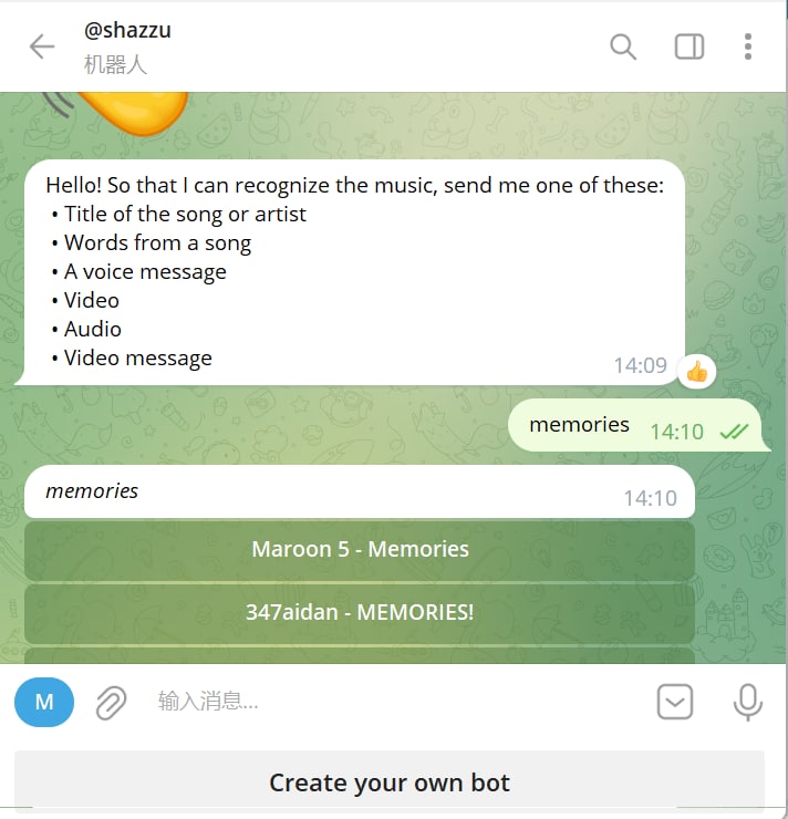【机器人名称】shazzu【机器人功能】歌曲下载【机器人简介】一款可以在线听歌下载歌的机器人，可以通过发送歌曲名、歌词、视频、音频的方式搜索，机器人会根据获取到的信息回复相关歌曲