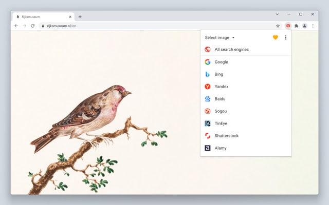 【插件名称】Search by Image【插件功能】以图搜图【插件简介】强大的反向图片搜索工具，支持各种搜索引擎，如Google、Bing、Yandex、百度和TinEye