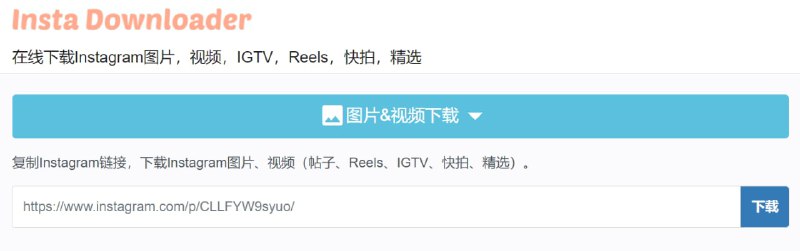 【网站名称】Insta Downloader【网站功能】Instagram下载工具【网站简介】Insta Downloader是一个Instagram在线下载工具，可以帮助您免费下载Instagram图片、视频、Reels、IGTV、快拍、精选