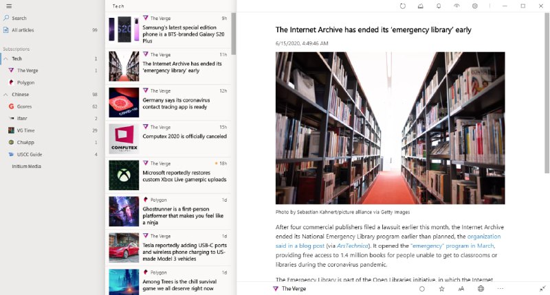 【软件名称】Fluent Reader【支持平台】#Windows #macOS【软件功能】RSS阅读器【软件简介】一款现代、开源且跨平台的桌面本地RSS阅读器