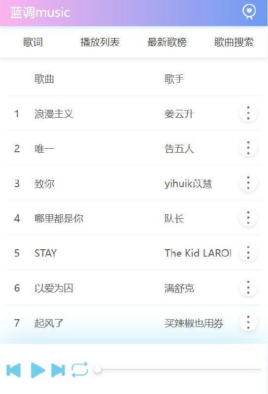 【网站名称】蓝调音乐【网站功能】免费听歌下载歌【网站简介】一款基于网易云音乐api的在线音乐播放器