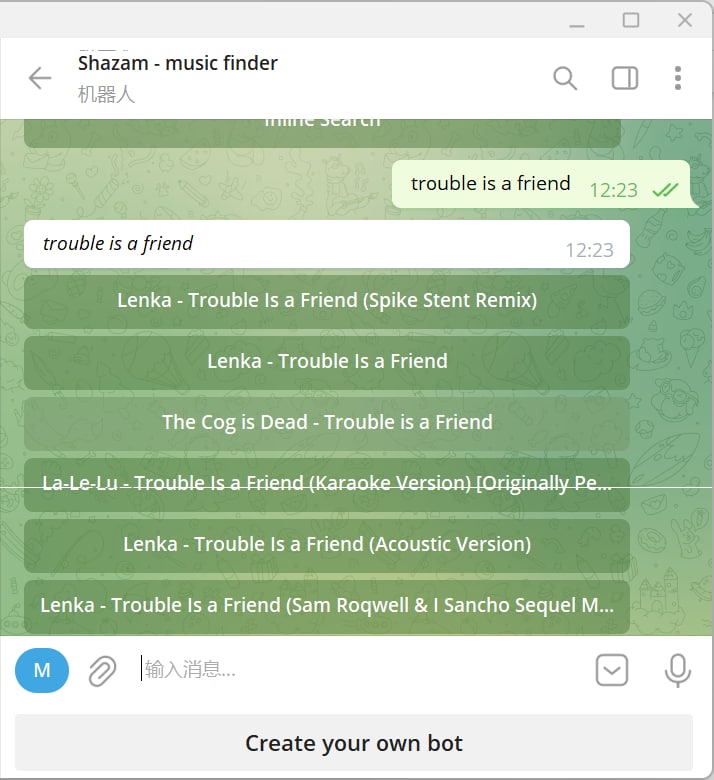 【机器人名称】Shazam - music finder【机器人功能】在线听歌下载歌【机器人简介】一款支持多语言的机器人，不支持中文