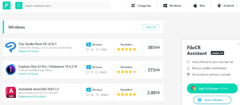 【网站名称】FileCR【网站功能】软件下载【网站简介】一个软件下载站，可下载Windows、macOS、Android应用，非破解版