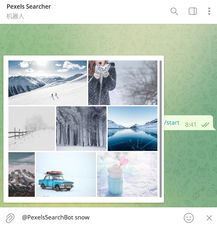 【机器人名称】Pexels Searcher【机器人功能】图片搜索【机器人简介】一个可以从pexel.com网站搜索图片的机器人，直接内联搜索关键词后点击图片即可