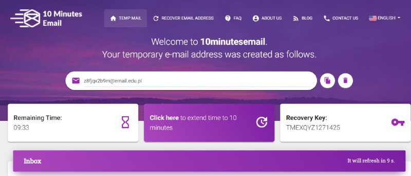 【网站名称】10 Minutes Email【网站功能】临时教育邮箱【网站简介】该网站提供临时教育邮箱，邮箱有10分钟的使用时间